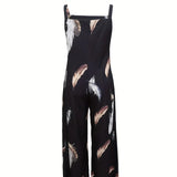 Women's Feather Print Ruffle Hem Pleated Fashionable Jumpsuit - Lootquake