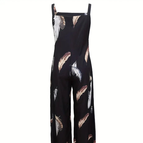 Women's Feather Print Ruffle Hem Pleated Fashionable Jumpsuit - Lootquake