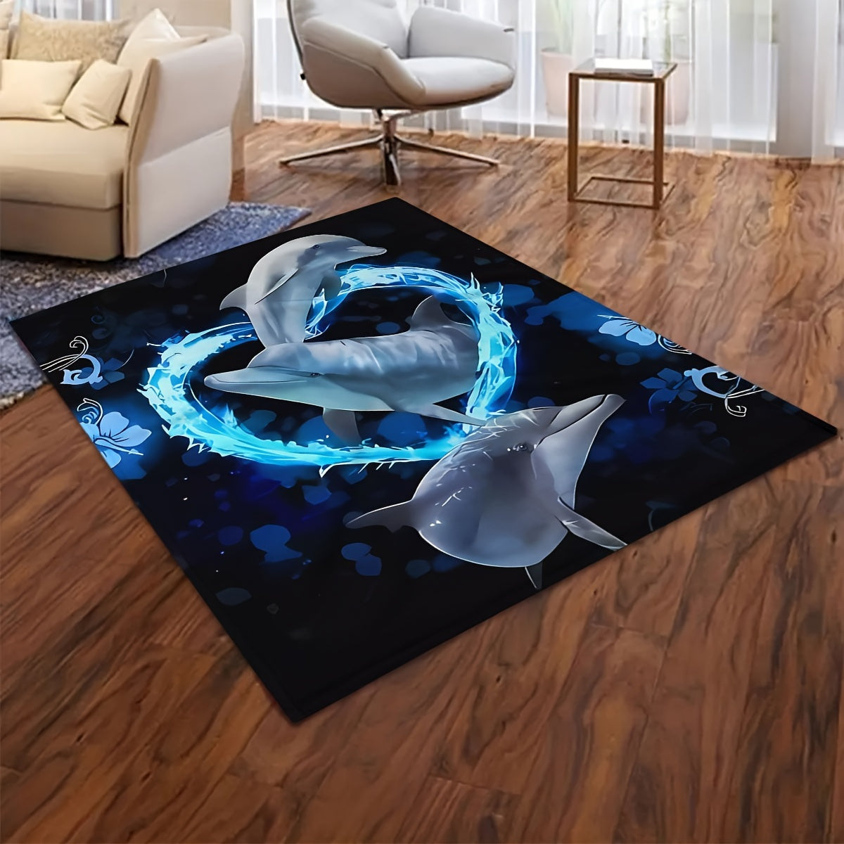 1pc Contemporary Reversible Flannel Blanket, 3D Digital Printed Blue Dolphin Design, All-Season Multipurpose Knitted Polyester Throw for Sofa, Room, Camping, Beach, Party, Office Break - 200-250gsm