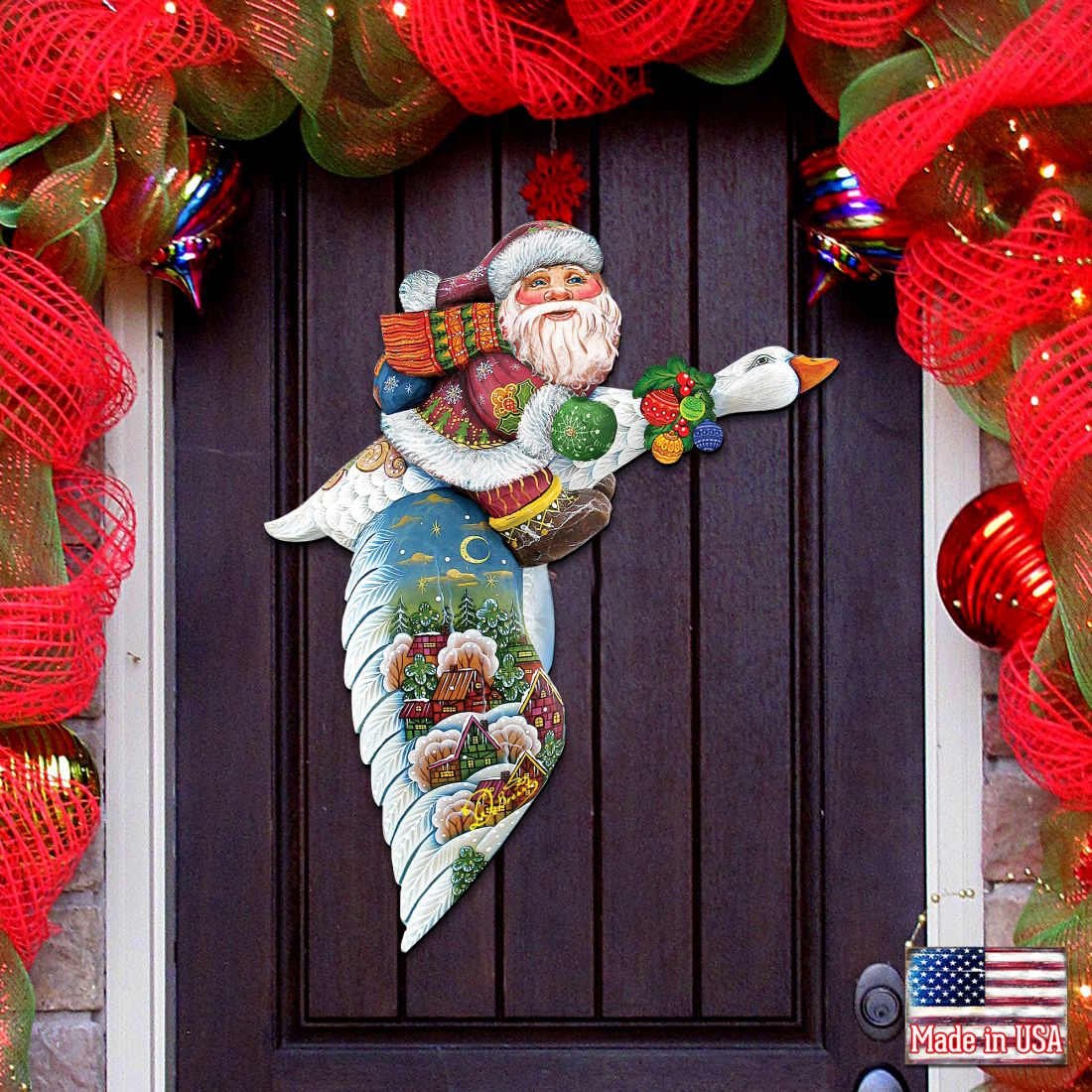 Decoración navideña para puerta con Papá Noel viajero de ganso de G. DeBrekht - Decoración navideña con muñeco de nieve de Papá Noel - 8114060H