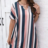 Ladies' Contrasting Striped Print Notch V-neck Short Casual Loose Dress - Lootquake