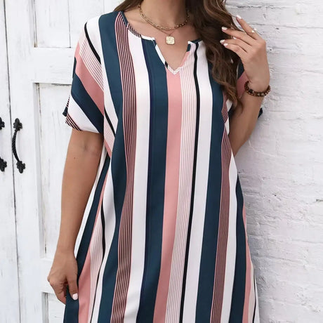 Ladies' Contrasting Striped Print Notch V-neck Short Casual Loose Dress - Lootquake