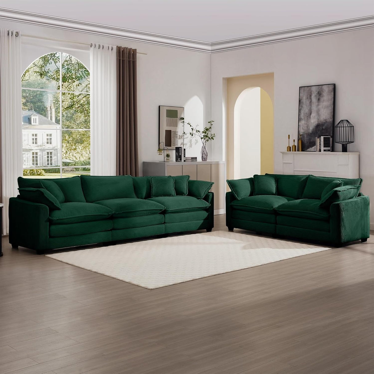 Oversized 2 Piece Sofa Set for Living Room, 3-Seater & Loveseat Couch, Modular Sectional Deep Seat Corduroy Comfy Cloud Couches with 4 Armrest Pillows and 5 Toss Pillows, Green
