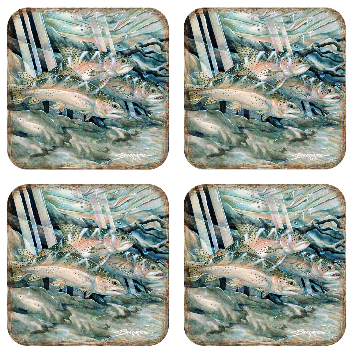 Catch the Rainbow Trout Wooden Cork Coasters Gift Set of 4 by J. Bergsma - Coastal Wildlife Decor  - 8199463C-S4