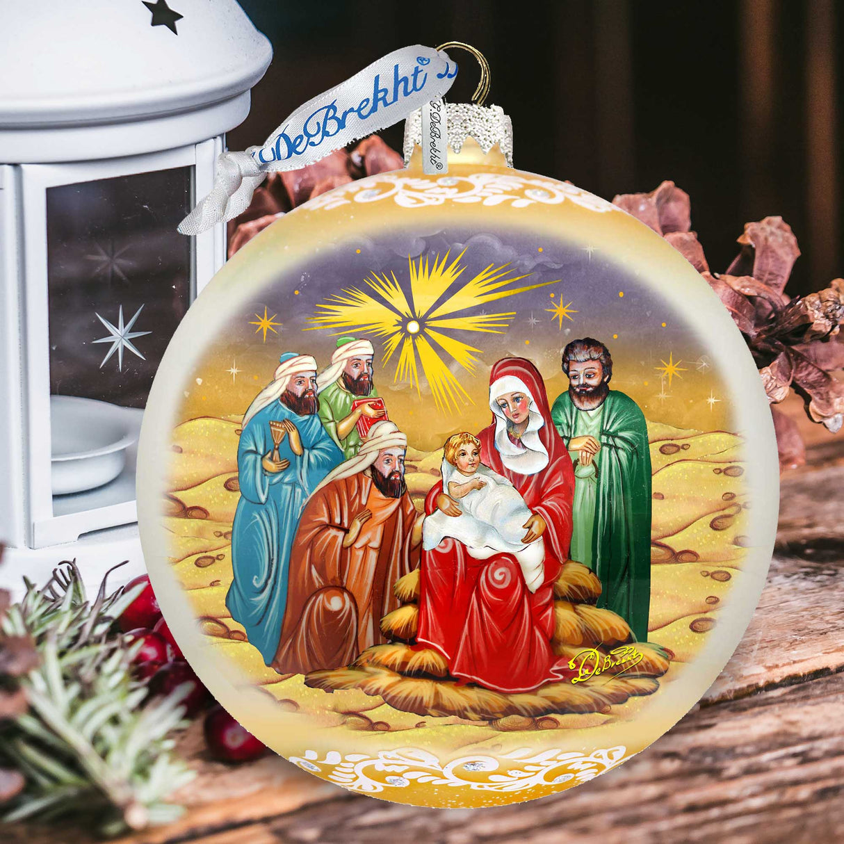 Adorno de cristal grande de la Sagrada Familia y los Reyes Magos en dorado de G.DeBrekht - Decoración navideña - 73920G