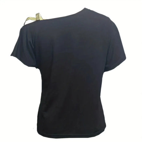 Women's Sequined Gold Shoulder Strap Off Shoulder Cross Off Shoulder Short Sleeved Tie Up T-shirt Top Shirt - Lootquake