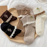 5 pares de calcetines con encaje floral, suaves y cálidos, acanalados hasta el tobillo, medias y calcetería para mujer