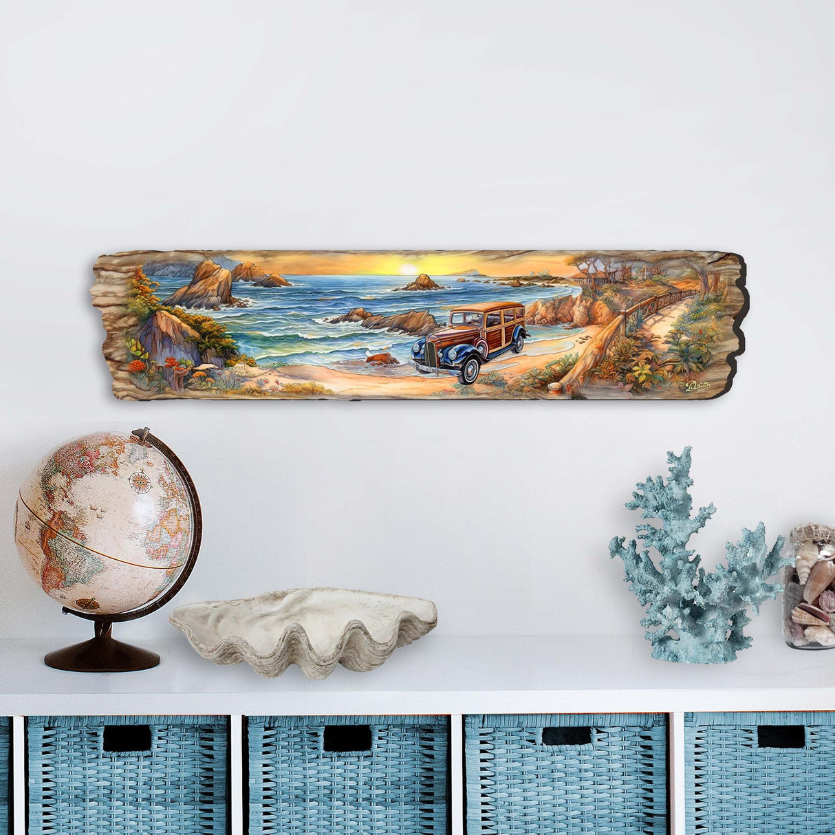 Arte mural de madera con coche retro en la playa de G. DeBrekht Coastal Decor - 8491114W