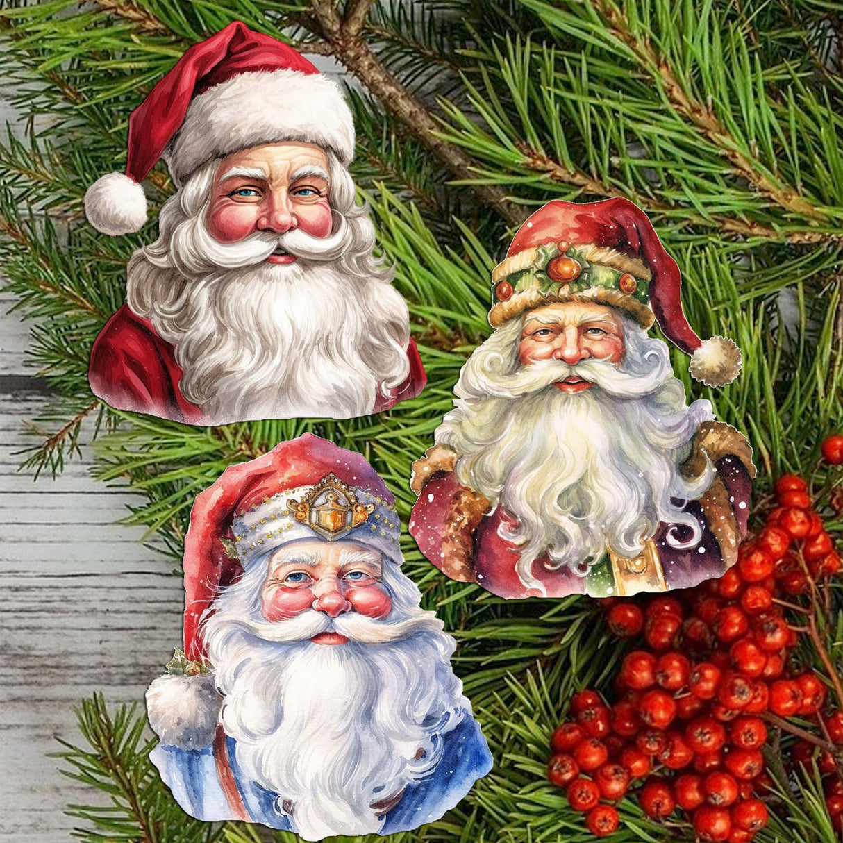 Jolly Santa Faces Decorative Wooden Clip-on Ornaments Set of 3 by G. Debrekht - Christmas Decor - 8091045C-S3