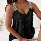 Women's Solid Color Rhinestone Shoulder Strap Sequin Camisole Top - Lootquake