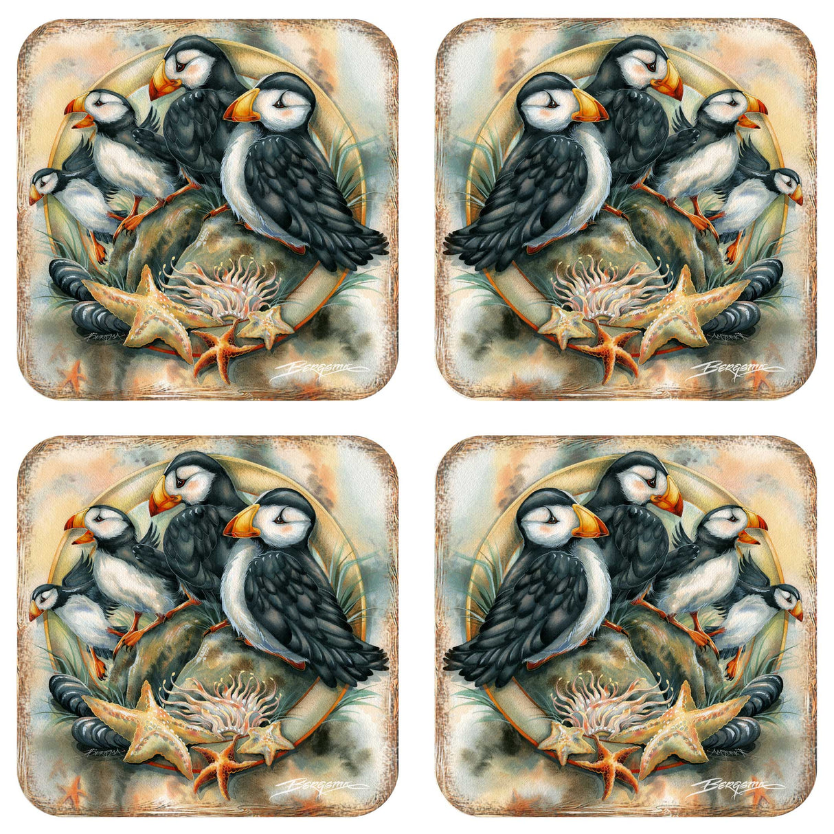 Juego de 4 posavasos de corcho de madera con diseño de frailecillos de J. Bergsma - Decoración de fauna costera - 8199462C-S4