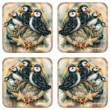 Juego de 4 posavasos de corcho de madera con diseño de frailecillos de J. Bergsma - Decoración de fauna costera - 8199462C-S4