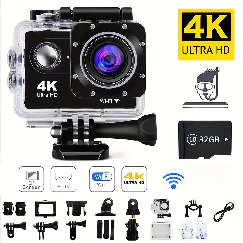 Cámara de acción 4K 30FPS de 12 MP - Cámara deportiva Full HD con conexión wifi - Cámara HD para ciclismo, buceo y exteriores con tarjeta de 32 GB
