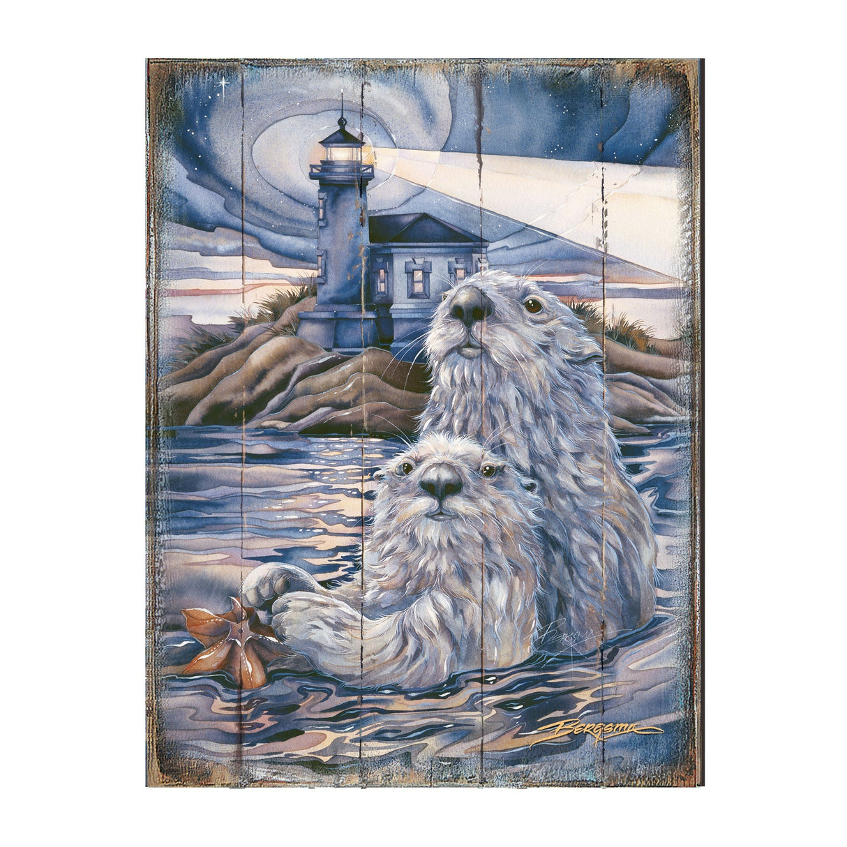 Faro de nutria Starlight, arte mural de madera de J. Bergsma - Decoración de vida silvestre - 8592572BP-JB