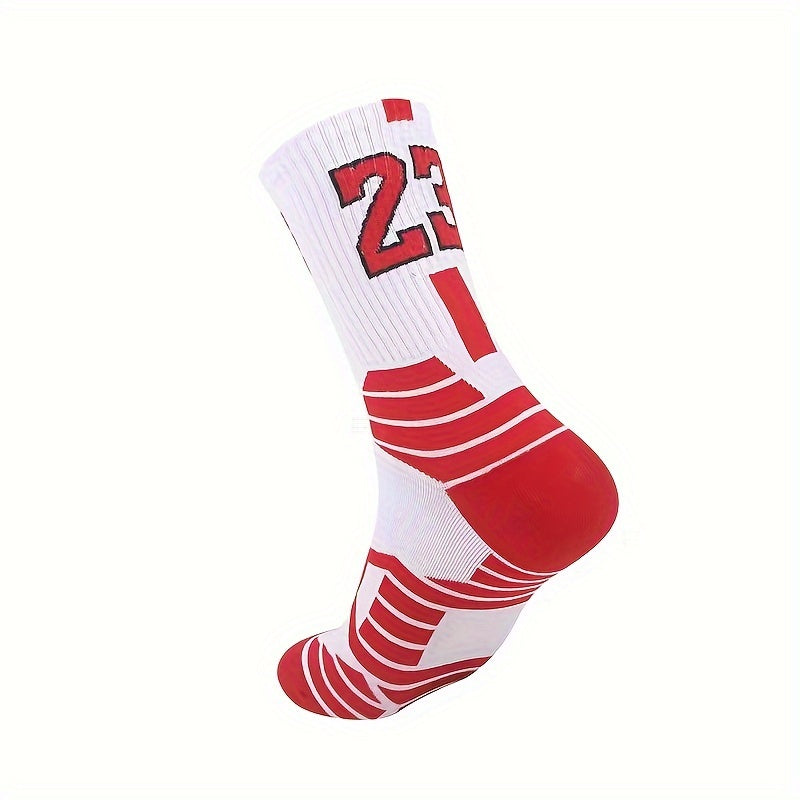 Alphabetic Patterned Sports Socks for Adults - Non-Slip, Shock Absorbing, Towel-Lined, Breathable, Quick-Drying, Moisture-Wicking, Anti-Odor, All-Season, Comfortable Fit - Polyester Blend, Knit Fabric, Ideal for Basketball Tr