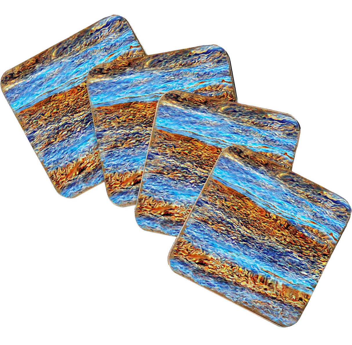Beach Waves Coastal Wooden Cork Coasters Gift Set of 4 by Nature Wonders - Coastal Sea-Life Decor - 95354C-S4