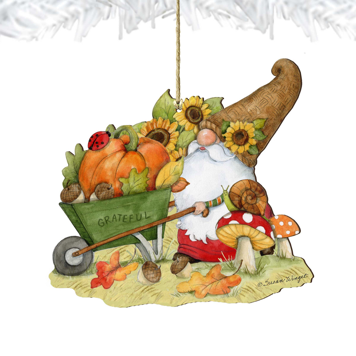 Autumn Decoration Grateful Harvest Gnome with Wheelbarrow and Cornucopia - Handmade Gift by Susan Winget - 8471207-SW