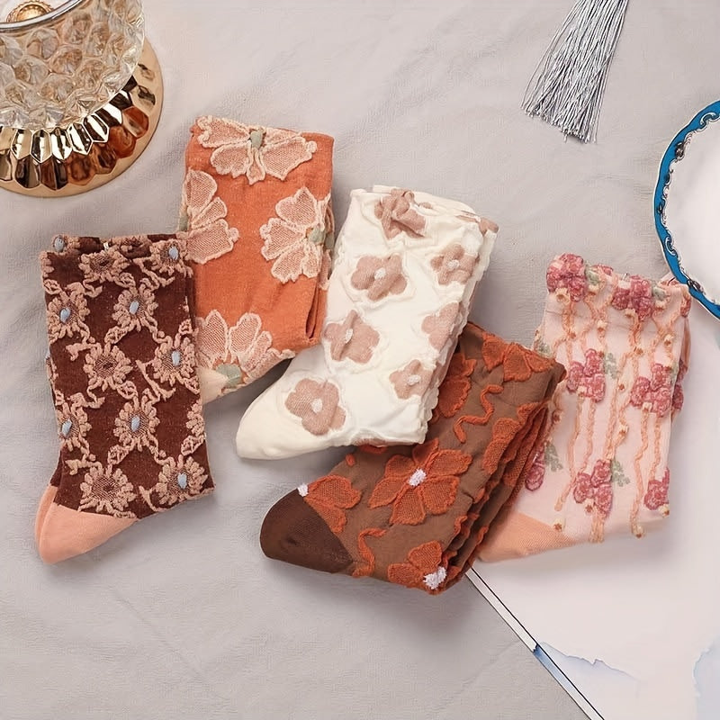 5 pares de calcetines con estampado floral, cómodos y transpirables, de tubo medio, para mujer.