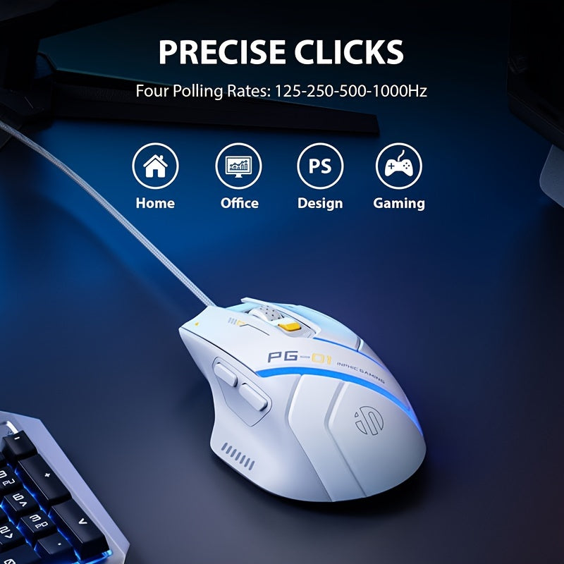 1pc INPHIC PG1 Wired Gaming Mouse, Ergonomic Design, Macro Programming, RGB Backlit, Optical Tracking, USB Plug-in, Windows 10 Compatible, Right-Handed, Plastic, No Battery Required