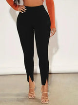 Ladies' Solid Color Ankle Slit Slim Fit Pants - Lootquake