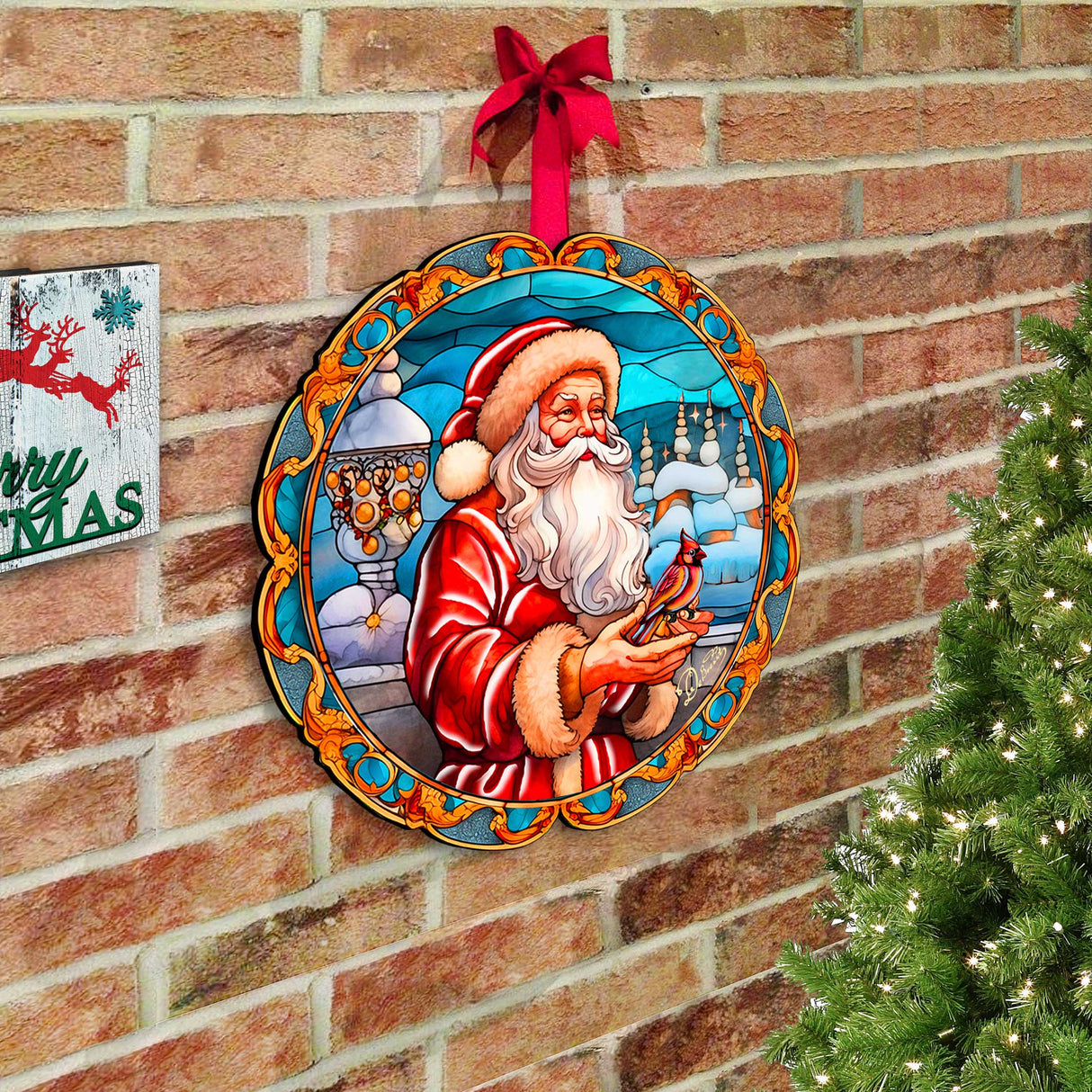 Santa with Red Cardinal Holiday Door Decor by G. Debrekht - Santa Snowman Decor - 8652807H