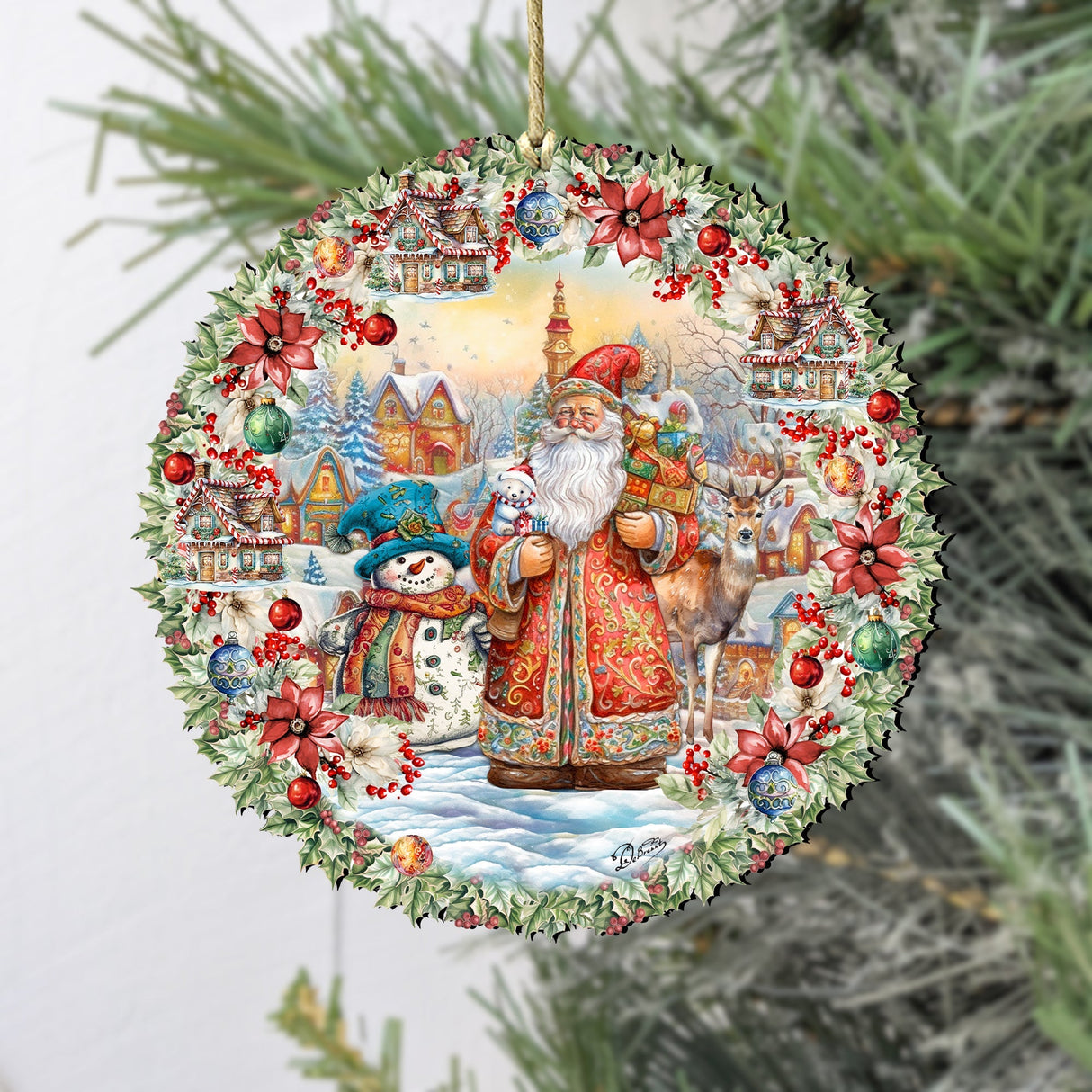 Merry Christmas Wreath Wooden Ornaments by G. Debrekht Christmas Santa Snowman Decor - 8611069