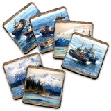 Fishing Boats Wooden Cork Placemat and Coasters Gift Set of 7 by Nature Wonders Coastal Wildlife Decor  - 85405C-S7
