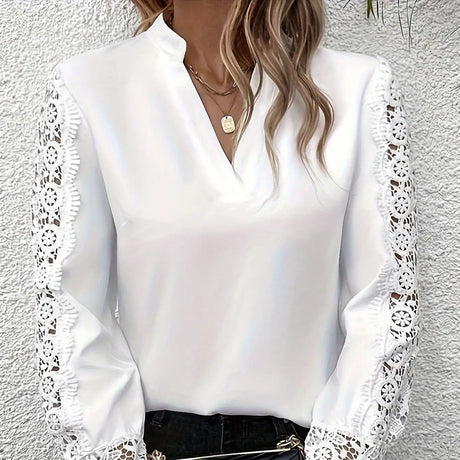 Women's Fashionable New V-neck Lace Patchwork Long Sleeved Top Shirt - Lootquake
