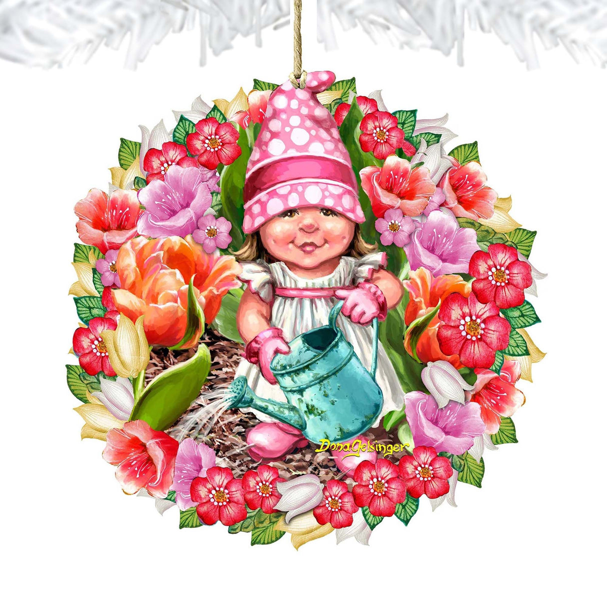 Spring Blossom Gnome Dwarf Wreath Wooden Ornaments by Gelsinger - Easter Spring Decor - 8161055-DG