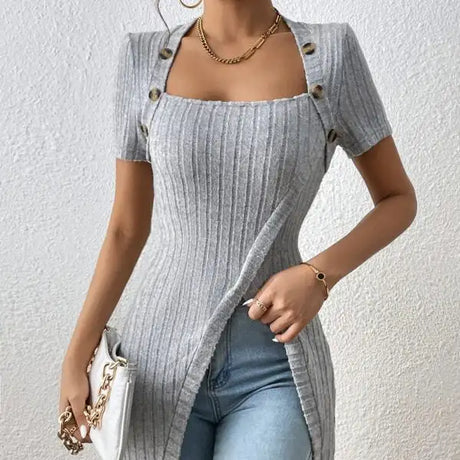 Ladies' Versatile Solid Color Elegant Style Square Neck Button Detail Wrapped Edge Slit Long T-shirt Top - Lootquake