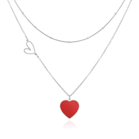 Linawe Silver Red Heart Pendant Necklace Layered Chain Choker Necklaces for Women Trendy Stainless Steel Stacked Necklaces Y2K Preppy Double Heart Jewelry Lover Necklace - Lootquake