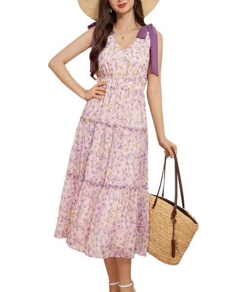 A Line Floral Long Dresses for Women Flowy Summer V Neck Sun Dresses Casual Sleeveless Bow Swing Vacation Dresses Purple M - Lootquake