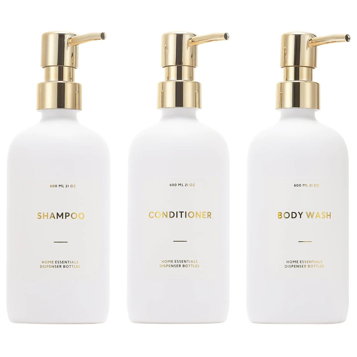 HOMCDALY Shampoo and Conditioner Dispenser 21oz 3-Pack Refillable Shampoo and Conditioner Bottles Shampoo Container Empty Shampoo Pump Bottle Shampoo Pump Dispenser（21oz-White&Gold）
