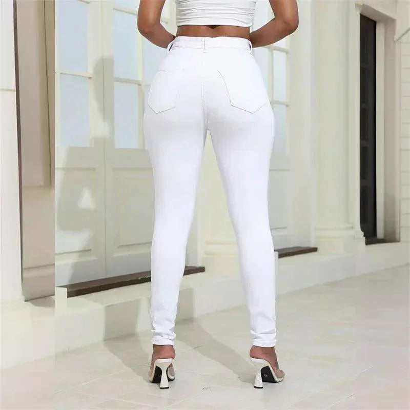 2024 Fashion Broken Holes Women Pencil Jeans Trend Streetwear Slim Fit Denim Pants Casual Solid Color High Waist Female Trousers