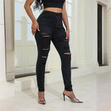 2024 Fashion Broken Holes Women Pencil Jeans Trend Streetwear Slim Fit Denim Pants Casual Solid Color High Waist Female Trousers