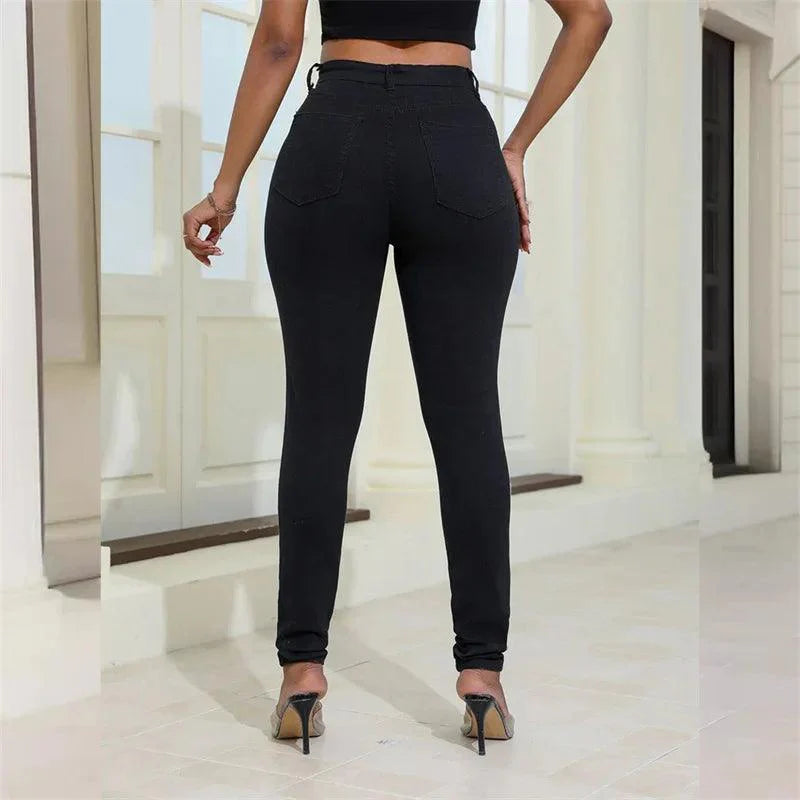 2024 Fashion Broken Holes Women Pencil Jeans Trend Streetwear Slim Fit Denim Pants Casual Solid Color High Waist Female Trousers