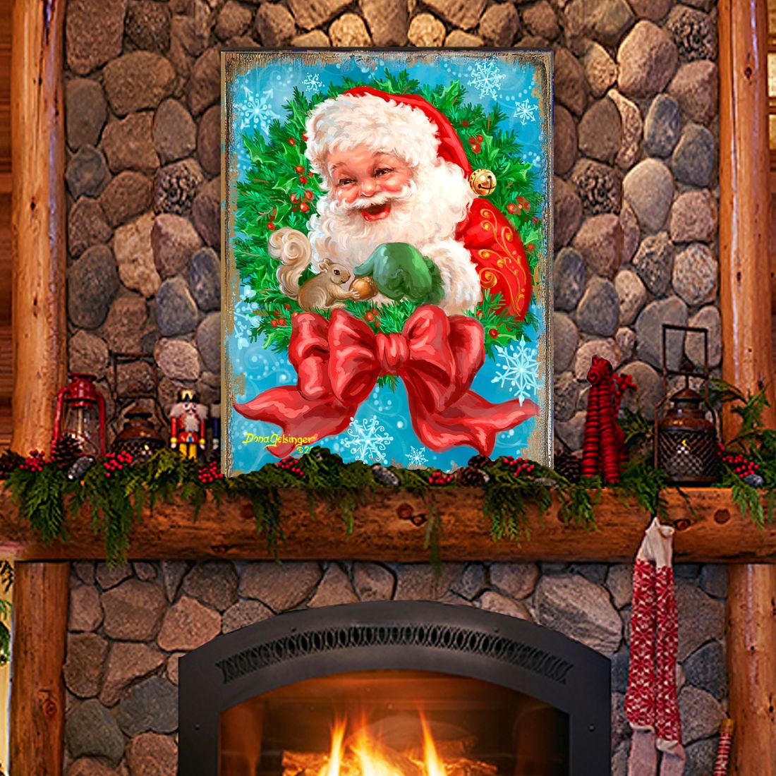 Arte de pared de madera con corona de lazo de Papá Noel de D. Gelsinger - Decoración navideña de muñeco de nieve de Papá Noel - 95606B-1309