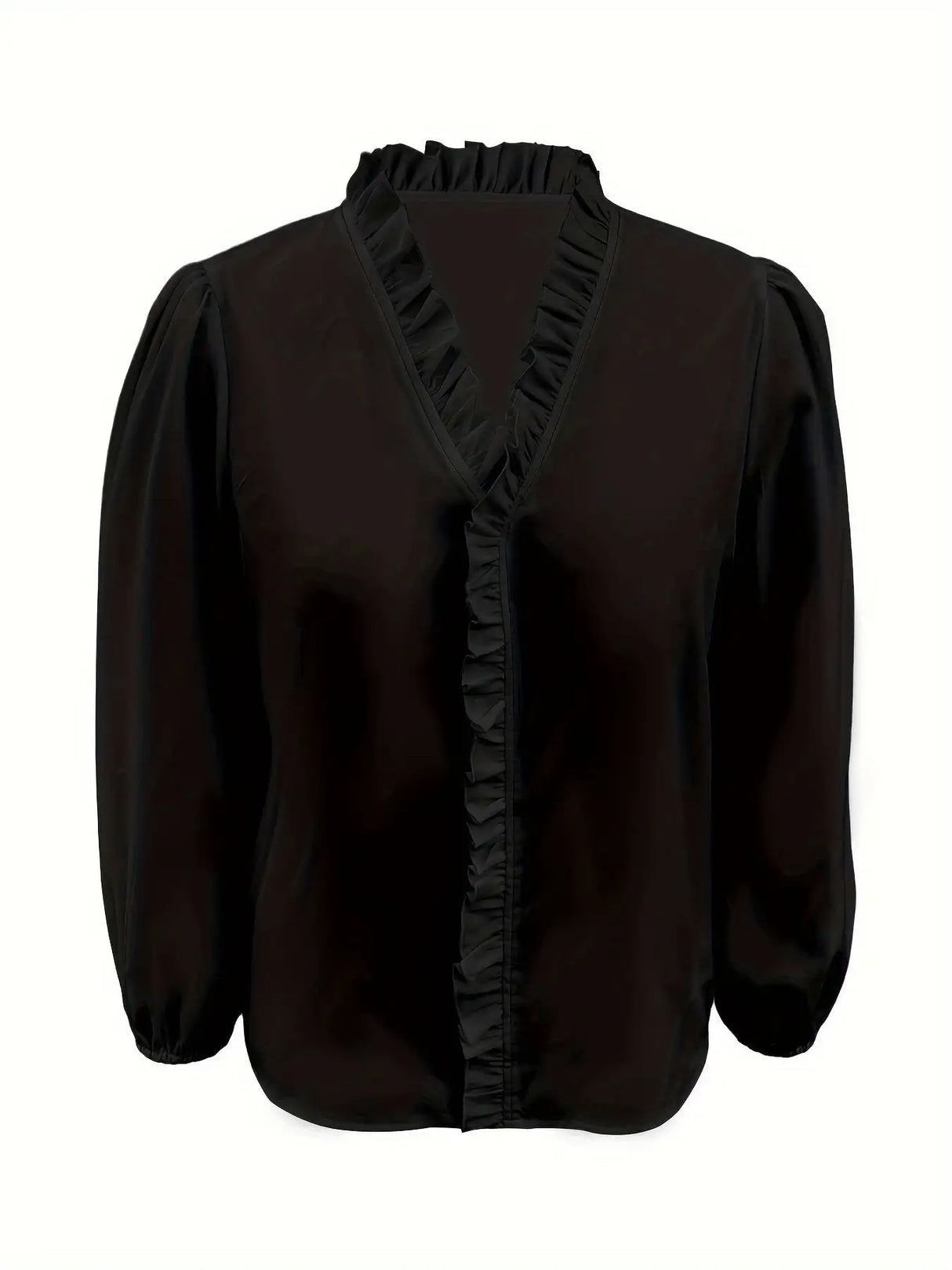 Pure Color Ruffle Hemline Shirt, Casual V-neck Long Sleeve Shirt. - Lootquake