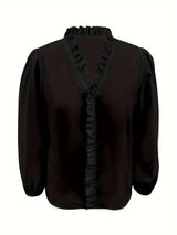 Pure Color Ruffle Hemline Shirt, Casual V-neck Long Sleeve Shirt. - Lootquake