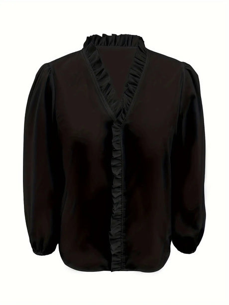 Pure Color Ruffle Hemline Shirt, Casual V-neck Long Sleeve Shirt. - Lootquake