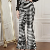 Women's Versatile Pants With Contrasting Colors, High Waisted Front Fake Pocket, Casual And Elegant Style, Hound Print Flared Pants - Lootquake