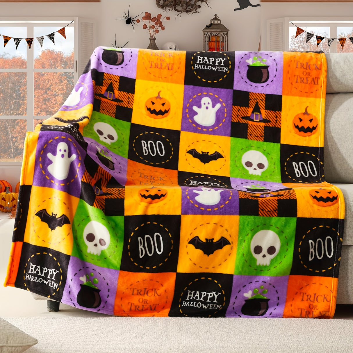 1pc Halloween Fleece Throw Blanket, Bat, Ghost Fall Plaid Blanket, Soft Fuzzy Plush For Couch Sofa Or Bed, Luxury Flannel Lap Blanket