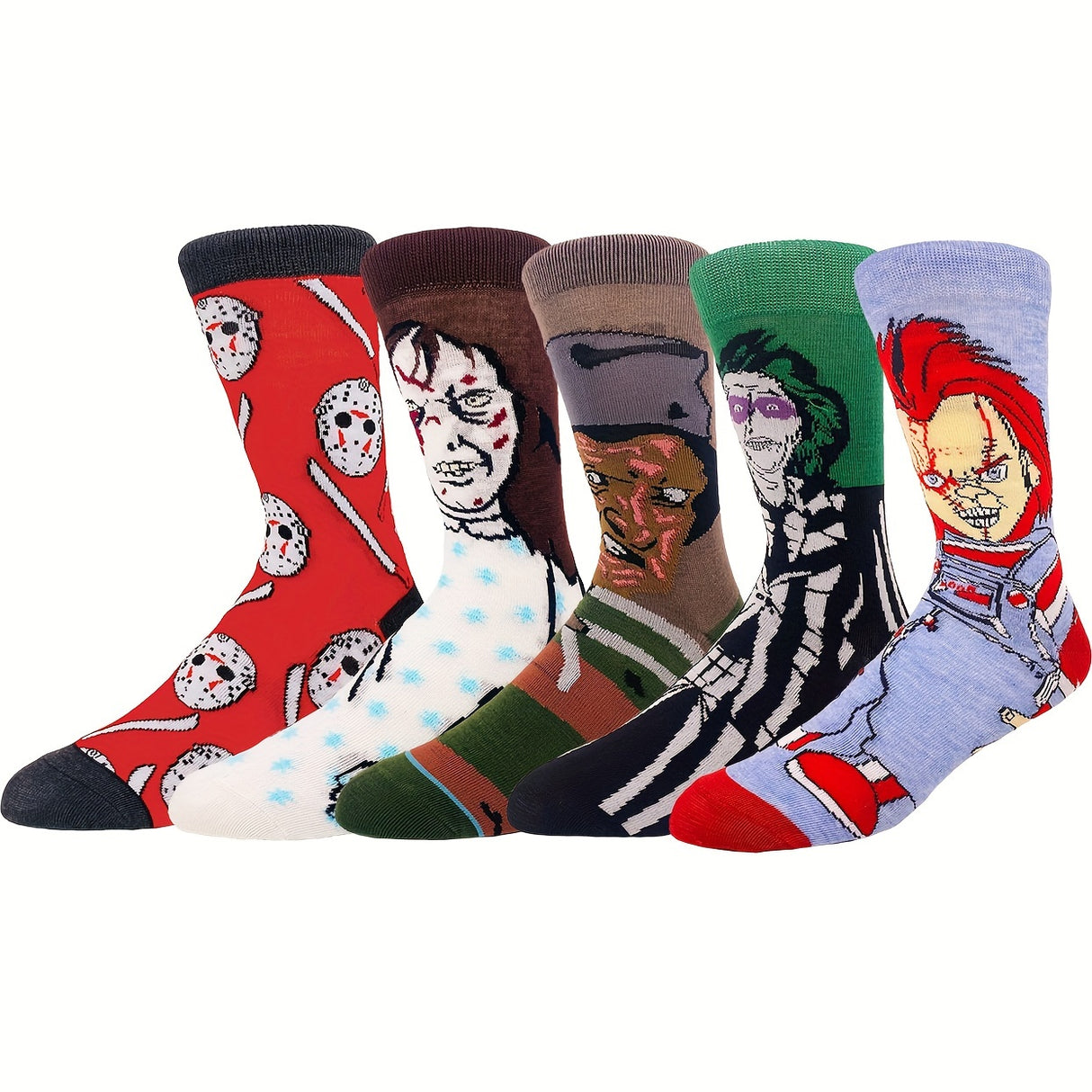 1/5 paires de chaussettes tendance pour homme, motif dessin animé Halloween Noël, respirantes, confortables et décontractées, unisexes, pour l'extérieur, toutes saisons, style urbain