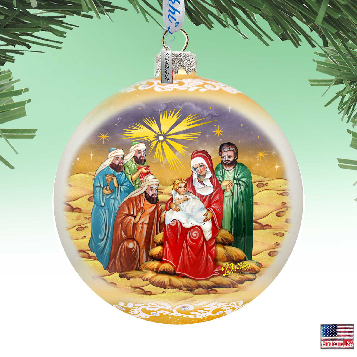 Adorno de cristal grande de la Sagrada Familia y los Reyes Magos en dorado de G.DeBrekht - Decoración navideña - 73920G