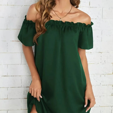 Women's Solid Color Off Shoulder Pleated Decorative Dress, One Shoulder Casual Dress - Lootquake