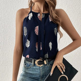 Women's Feather Print Notch V-neck Versatile Camisole Vest - Lootquake