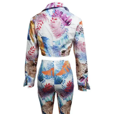 Women's Plant Animal Print Long Sleeved Lace Up Top And Slim Fit Pants Two-piece Pants Set - Lootquake