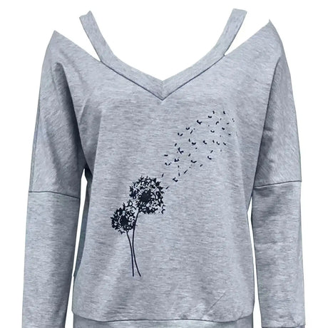 Women's V-neck Off Shoulder Printed Casual Clothing Shirt Long Sleeved Top - Lootquake