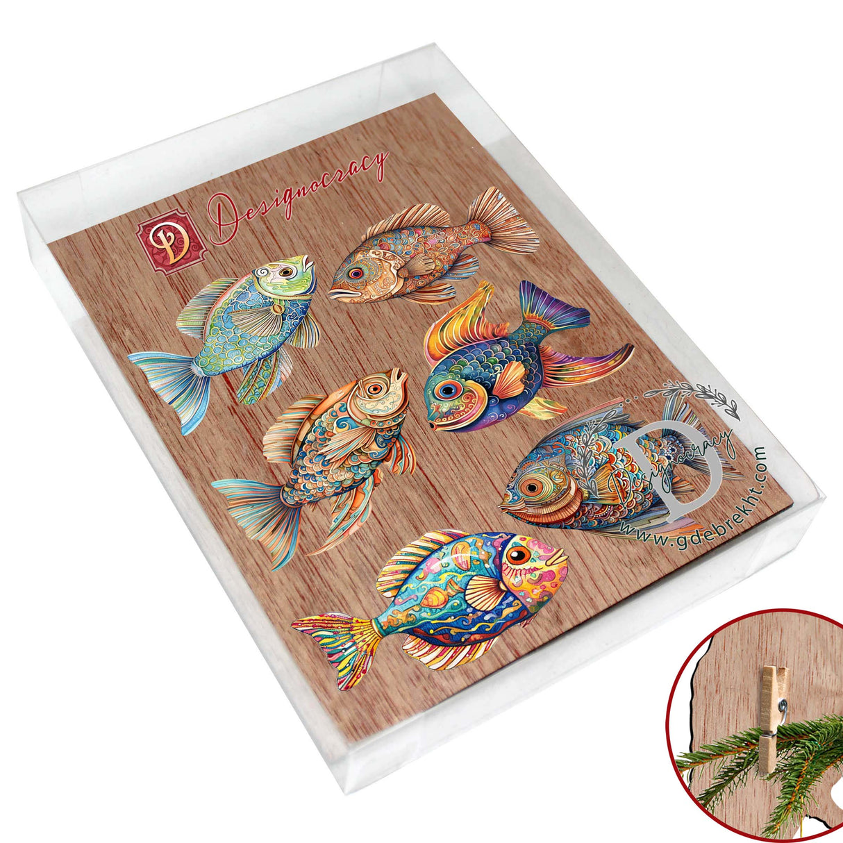 Coastal Fish Decorative Wooden Clip-on Ornaments Set of 6 by G. Debrekht - Coastal Decor - 8090034C-S6