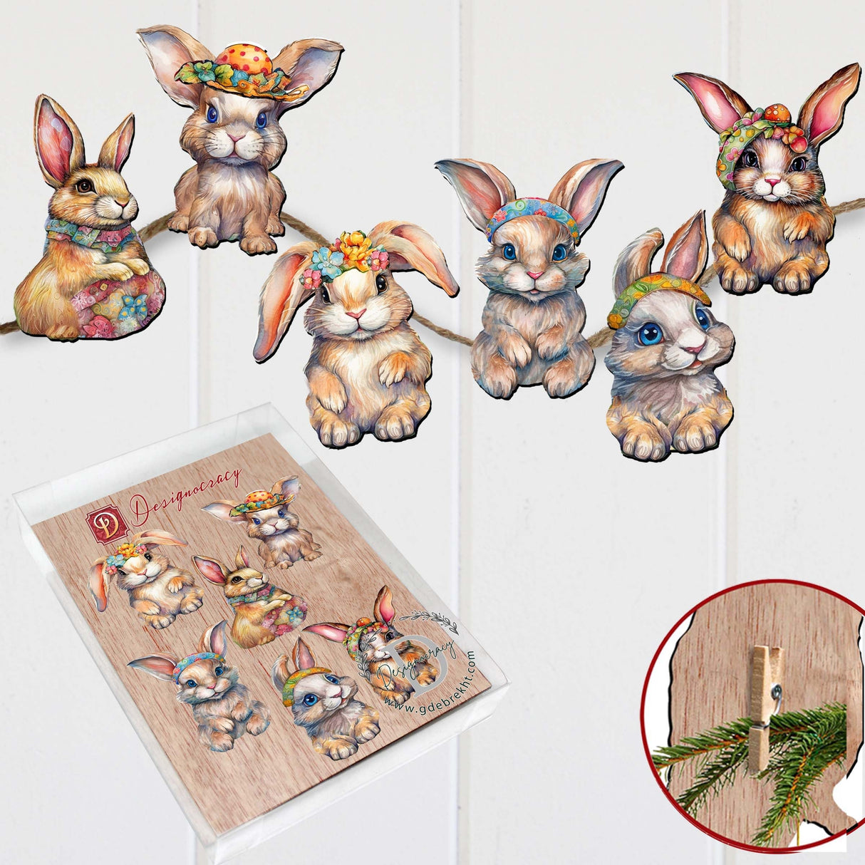 Easter Bunnies Decorative Wooden Clip-on Ornaments Set of 6 by G. Debrekht - Easter Decor - 8090042C-S6